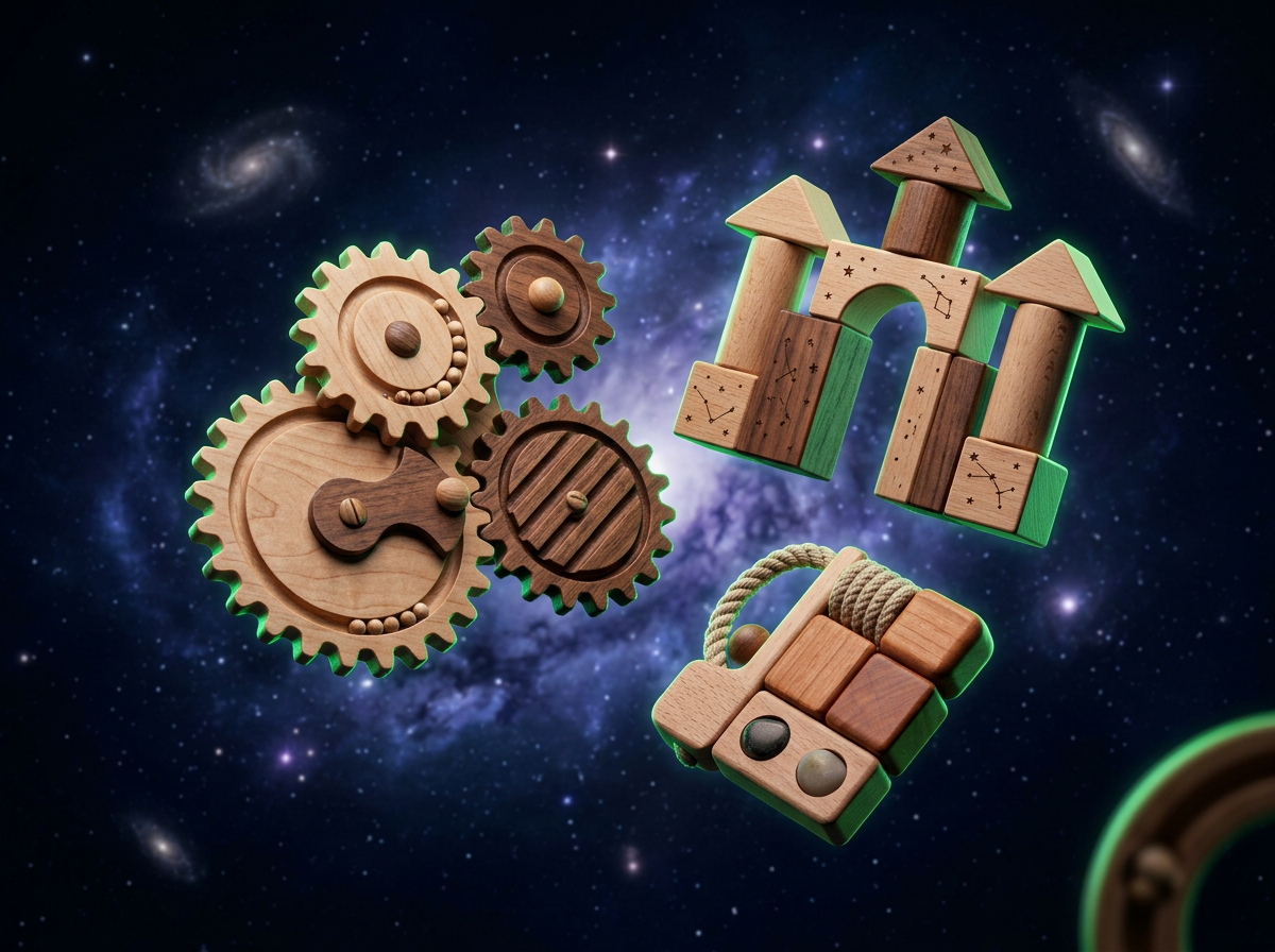 Wooden educational toys floating in cosmic space, safe and non-toxic for kids